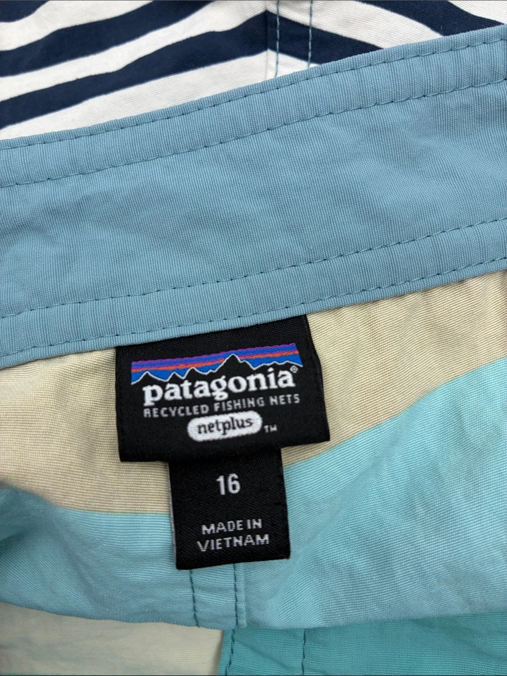 Patagonia Boy’s Teal, Yellow & Navy Striped Board Shorts